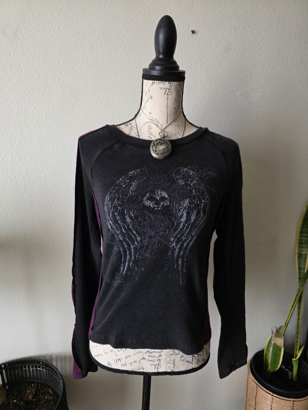 Social Collision Black Long Sleeve Top with Wing Graphic